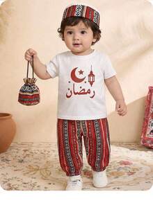 男婴休闲条纹短裤和白色T恤套装 - 白色 - 查看 1