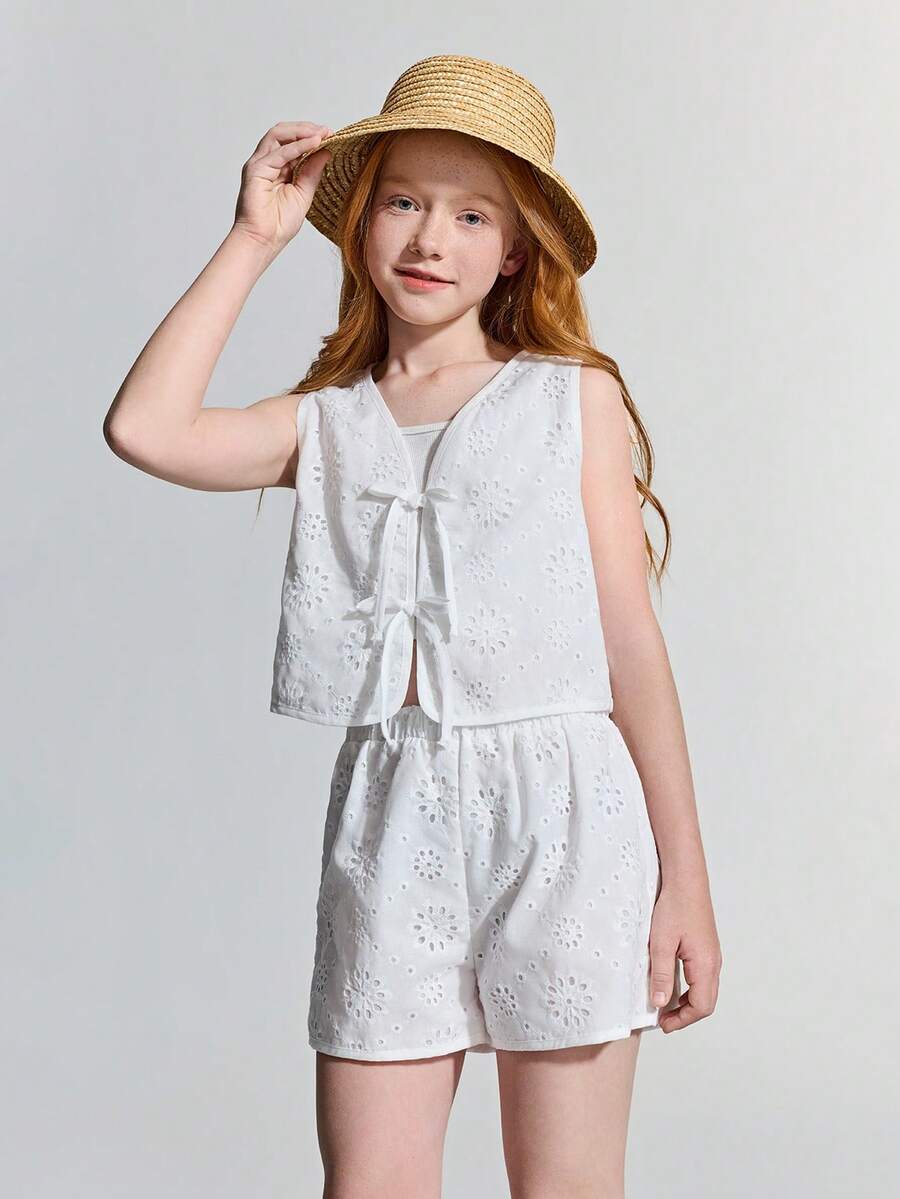 Maija Kids Maija Kids 2pcs Tween Girl Floral Trim Sleeveless Crew Neck Top And Elastic Waist Shorts Set - White - View 1