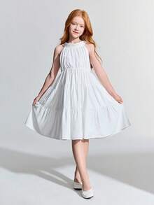 Maija Kids Maija Kids 少女款白色编织超大蝴蝶结撞色圆领无袖宽松休闲连衣裙 - 白色 - 查看 4