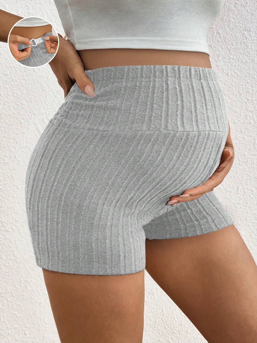Quần short lưng cao có gân màu trơn cho bà bầu - Xám - Xem 1