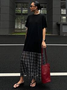 DAZY 女式格纹拼布圆领中长款T恤连衣裙 - 黑色 - 查看 4