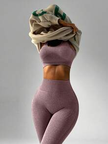 Slayform Bộ đồ thể thao nữ màu trơn cổ tròn không tay và quần legging cạp cao ôm sát, thích hợp cho tập gym dịp Tết Nguyên Đán. - Màu Đỏ Sâu - Xem 6