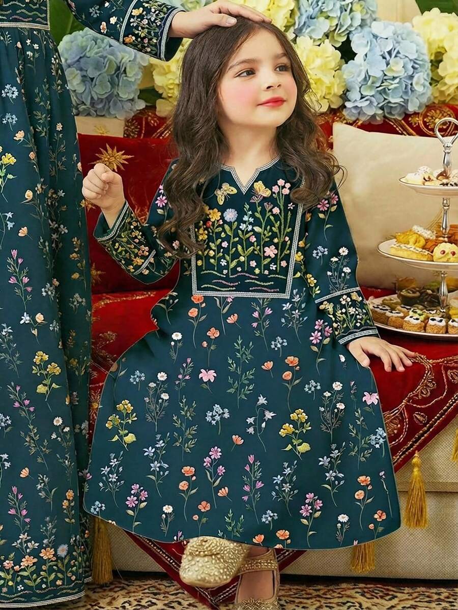 SHEIN 少女复古碎花V领长袖休闲连衣裙,适合春夏穿着 - 彩色 - 查看 1