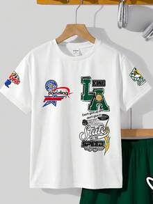 2pcs/Set Tween Boy Casual Minimalist LA Star Graphic Round Neck Short Sleeve T-Shirt And Shorts Set, Suitable For Summer, Daily Wear, Street Style, Outings, Home, Vacation, Spring & Summer Fashion - Multicolor - View 4
