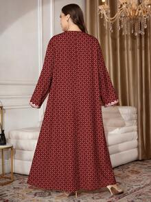 SHEIN Najma 大码女式三叶草菱形图案数码印花V领长袖优雅阿拉伯风格长款连衣裙，春夏款 - 彩色 - 查看 2