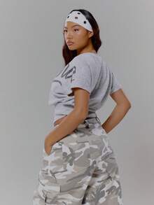 MUSERA Cinched Waist Logo Print Top Streetwear Coolgirl Winter Sexy Casual Odd Drift - Grey - View 2