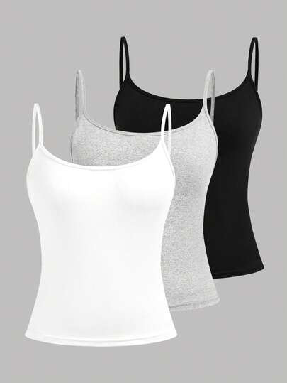 Girlism 3pcs/Set Casual Fitted Camisole Tank Top, Suitable For Spring, Summer, Autumn And Winter Girls Tanks Multipack Girls Cami 3 Pack Cami Tops Tank Tops Teen Girls