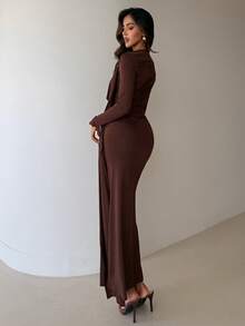 Aloruh Women's Elegant Ruched Shawl Collar Bodycon Dress With Metal Buckle, Solid Dark Brown Color, Suitable For Party Dinner And Evening Occasions, Fall - Brown - View 2