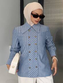 DAZY Women's Casual Striped Double-Breasted Lapel Shirt, Autumn/Winter - Blue - View 6