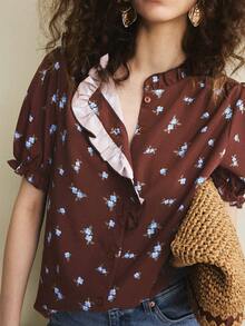 Écloséra Women's Elegant Shirt Commuting Shirt Versatile Shirt French Shirt Printed Pattern Shirt Ruffled Shirt Asymmetrical Shirt Short-Sleeved Shirt - Rust Brown - View 5