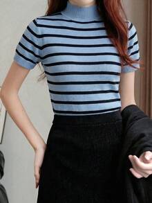 Almamuse Slim Fit Striped Casual Knit Short Sleeve Turtleneck Top - Mint Blue - View 3