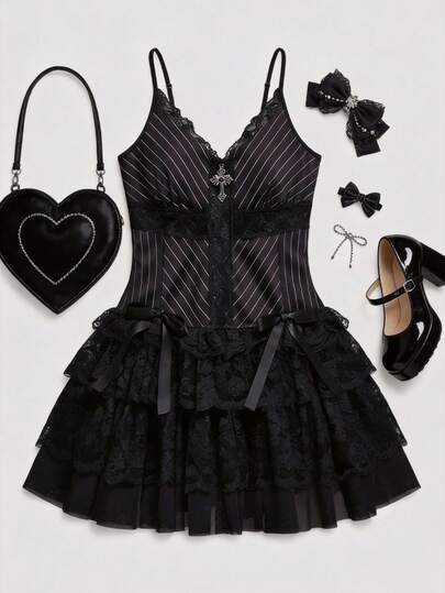 Plus Size Gothic Black & Gray Striped Tutu Mini Dress With Cinched Waist