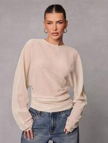 Hauture Women's Sheer Texture Butter Yellow Chiffon Open Back With Tie Detail Long Sleeves Blouse - Light Yellow - View 1