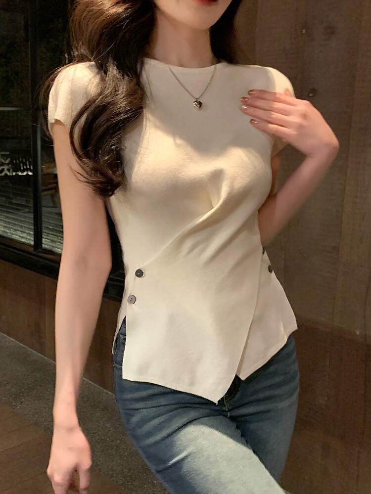 Women's Asymmetrical Design Ice Silk Short Sleeve Knit T-Shirt, Waist Cinching Slim Fit Camisole Top, Summer New