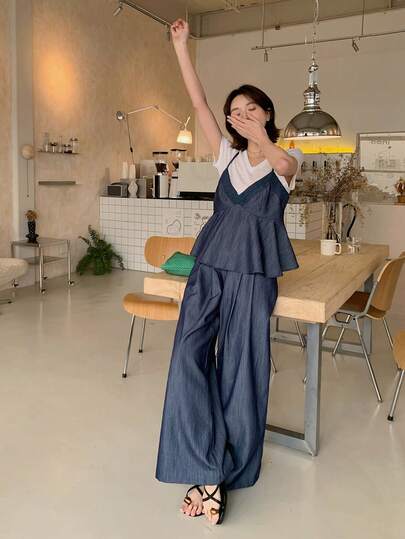 DAZY Women's Casual Denim Effect Strap Jumpsuit With Wide Leg Pants, 2-Piece Set, Solid Color, Korean Style