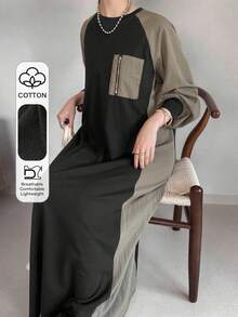 FRIFUL 女士撞色圆领插肩袖拉链装饰喇叭下摆长袖连衣裙，秋季连衣裙，户外连衣裙 - 黑色 - 查看 1