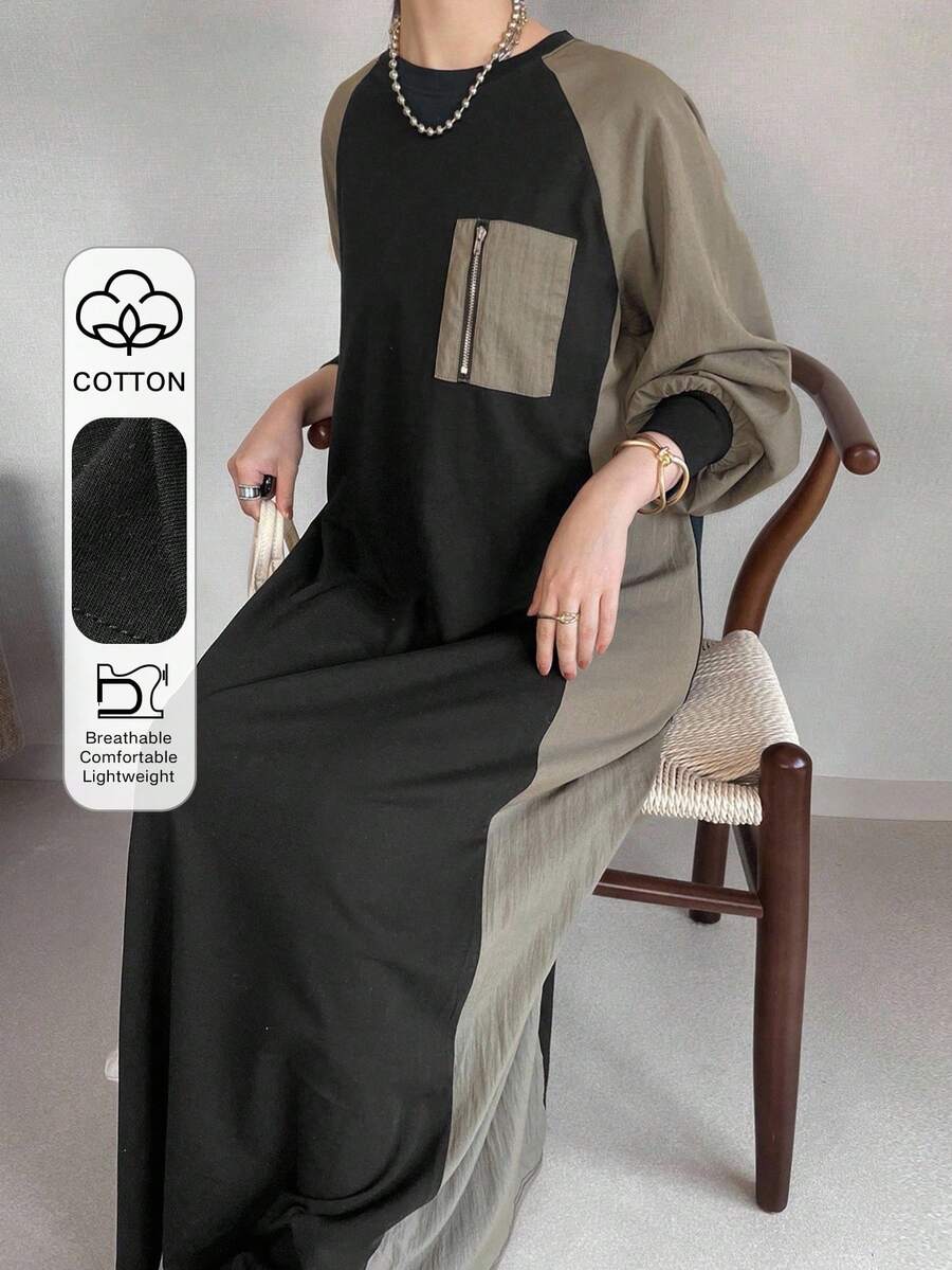 FRIFUL 女士撞色圆领插肩袖拉链装饰喇叭下摆长袖连衣裙，秋季连衣裙，户外连衣裙 - 黑色 - 查看 1