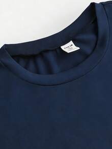 SHEIN ChillGRL 少女纯色褶皱圆领休闲百搭短袖T恤 - 藏蓝色 - 查看 3