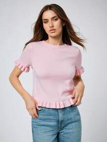 Maija 女士纯色荷叶边后系带优雅短袖毛衣 - 粉色 - 查看 1