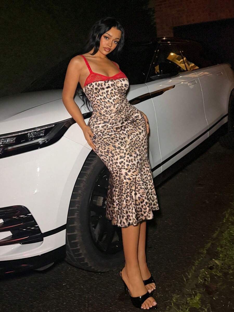 BamGleam 浪漫派对豹纹连衣裙，红色蕾丝边吊带修身鱼尾裙，复古性感修身及膝连衣裙，时尚鸡尾酒会女士礼服 - 彩色 - 查看 1