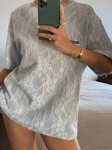 DAZY Women's Letter, Floral & Lace Decor Round Neck Dropped Shoulder Short Sleeve Casual Loose T-Shirt - Grey - View 2