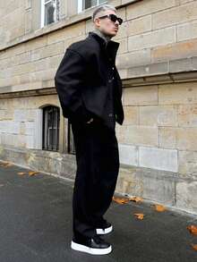 Artur Kramer Men's High-Quality Wool Blend Stand Collar Jacket, Fashionable Casual Coat, Autumn/Winter - Black - View 5