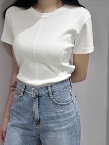 DAZY 1 件女式圆领短袖基本款分层 T 恤，商务休闲女装 - 白色 - 查看 7