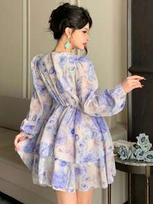 DAZY French Style Pink Floral V-Neck Long Sleeve Dress, Tie-Waist Chiffon A-Line Mini Skirt, Spring - Baby Blue - View 2