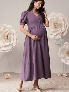 SHEIN 孕妇纯色V领纽扣优雅短袖连衣裙 - 紫色 - 查看 5
