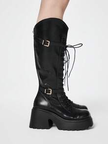 ROMWE Women's Punk Style Dark PU Round Toe Knee-High Boots, Fashion Autumn/Winter Thick Sole Front Lace-Up Buckle Tall Riding Boots For Petite, High Heels Dress Boots - Black - View 4