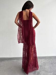 Firerie Women's Elegant Minimalist Sophisticated Romantic Charming Atmosphere Valentine's Day Date Party Wedding Guest Holiday Strapless Lace Patchwork Asymmetric Hem Lace Ribbon Bodycon Wine Red Dress - Burgundy - View 8