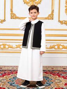 Vacaura 2pcs/Set Tween Boy Middle Eastern Robe White Shirt With Half-Open Collar & Black Vest With Gold Trim Pattern - Black and White - View 2
