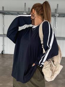 DAZY 宽松撞色圆领长袖长款T恤，女款，返校季 - 藏蓝色 - 查看 4