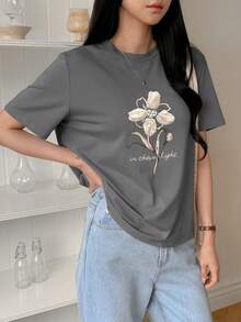 DAZY Áo thun nữ dáng rộng in họa tiết, phong cách đi biển, áo mùa hè dễ thương họa tiết hoa. - Xám - Xem 5