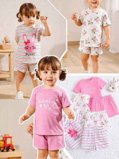 SHEIN Vintaside Kids Set de 6 piezas de ropa para bebé niña recién nacida y niña pequeña de 0 a 3 años, con camiseta y pantalones cortos con diseños de conejito sólidos y a rayas, para primavera y verano
