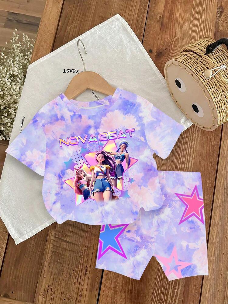 2件套女童休闲韩流卡通扎染图案短袖针织T恤和配套扎染短裤套装，适合女孩日常和假日穿着的舒适针织套装，运动时尚套装 - 彩色 - 查看 6