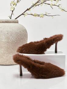 SHUZIA Women's Fashionable Sexy Stilettos Pointy Toe Faux Fur High Heel Pumps For Christmas Valentine's Day - Chocolate Brown - View 8