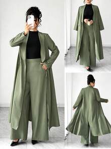 Elenzga 大码女式纹理面料长款开衫和裤子套装，优雅适合约会、聚会、办公室通勤，军绿色两件套，复古风格，适合毕业典礼、节日、情人节、音乐节、母亲节、万圣节、感恩节、复活节、国庆节、舞会、约会、派对、婚礼、户外旅行等场合。 - 軍綠色 - 查看 8