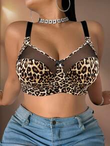 Bare Chapter Plus Size Women Leopard Print Patchwork Wireless Adjustable Strap Sexy Bra - Multicolor - View 5
