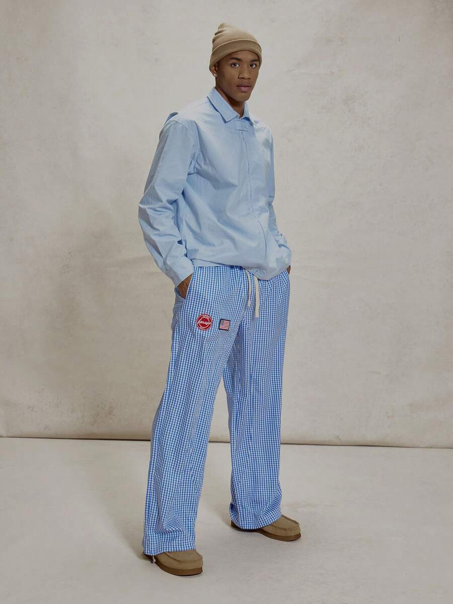 Musero 直筒弹力抽绳腰带全格纹裤装，带补丁，冬季必备单品 - 藍白色 - 查看 1