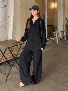 DAZY 女士纯色纽扣半开襟落肩长袖连帽上衣和裤子休闲两件套，适合秋冬季居家休闲穿着。 - 黑色 - 查看 3