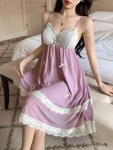 DAZY Lace Patchwork Sleeveless Camisole Nightgown For Women - Mauve Purple - View 4