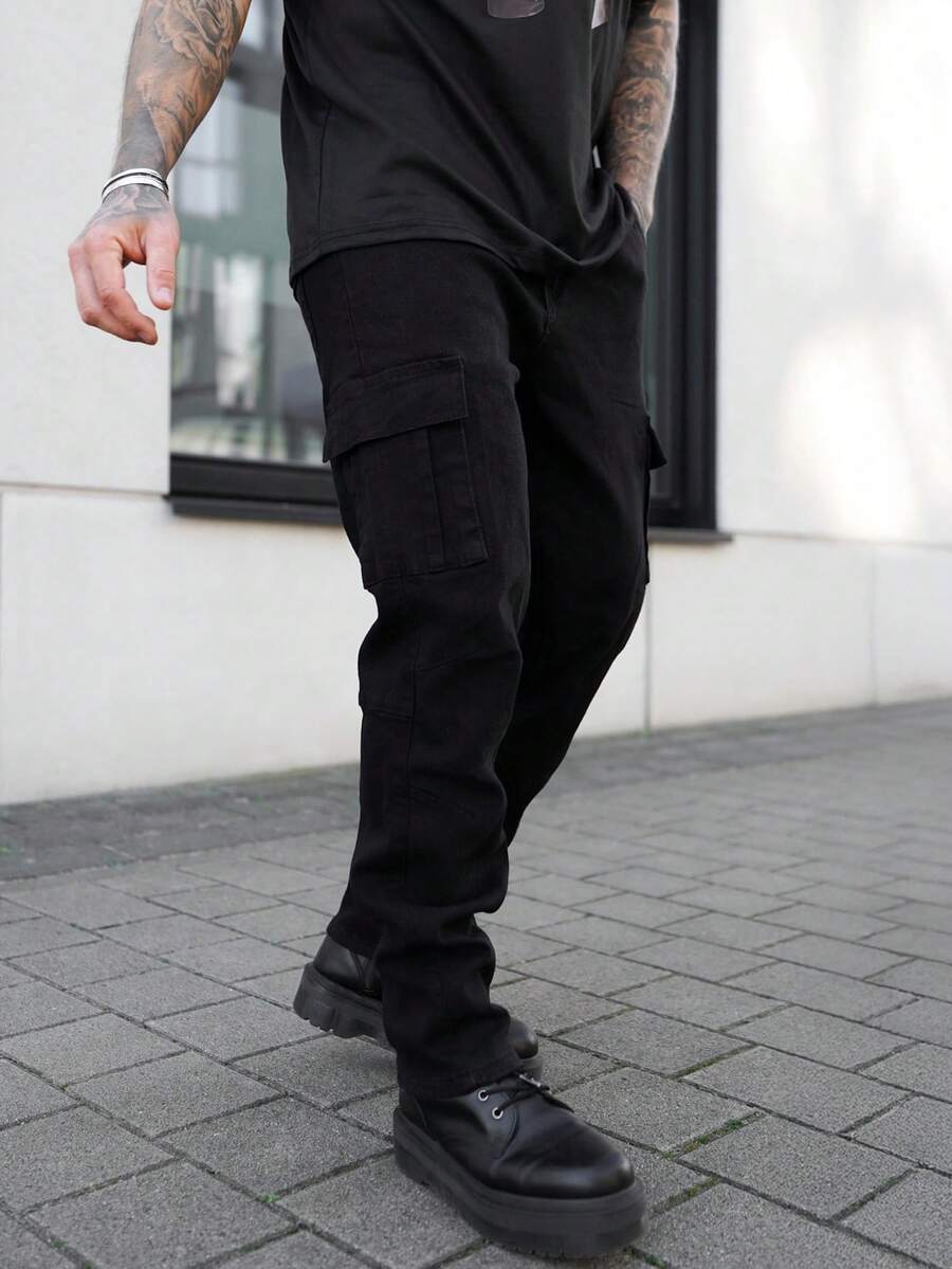 Artur Kramer Men's Fashion Casual Washed Cargo Denim Jeans,Cargo Pants - Black - View 1