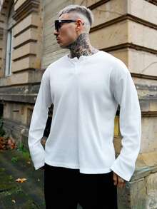 Artur Kramer Henry Collar Waffle Knit Long Sleeve Lightweight Breathable Sun Protection T-Shirt For Men, Casual American Style Undershirt, Versatile Choice For All Seasons , Fall - White - View 4