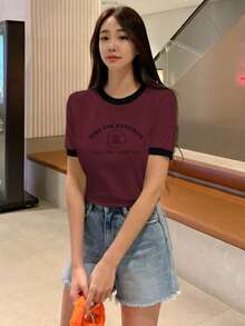 DAZY Women's Short Sleeve T-Shirt With Letter Print And Contrast Color Edge,Graphic Tees - Burgundy - View 3