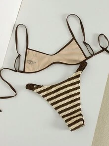 Swim Mod 女士春夏沙滩音乐节针织提花面料可爱甜美高腰裤比基尼套装 - 彩色 - 查看 2