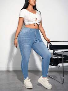 Firerie Plus Size Blue Distressed Skinny Stretch Denim Capri Pants - Light Wash - View 5