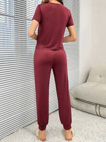 Letter Graphic Tee & Drawstring Waist Trousers PJ Set - Burgundy - View 2