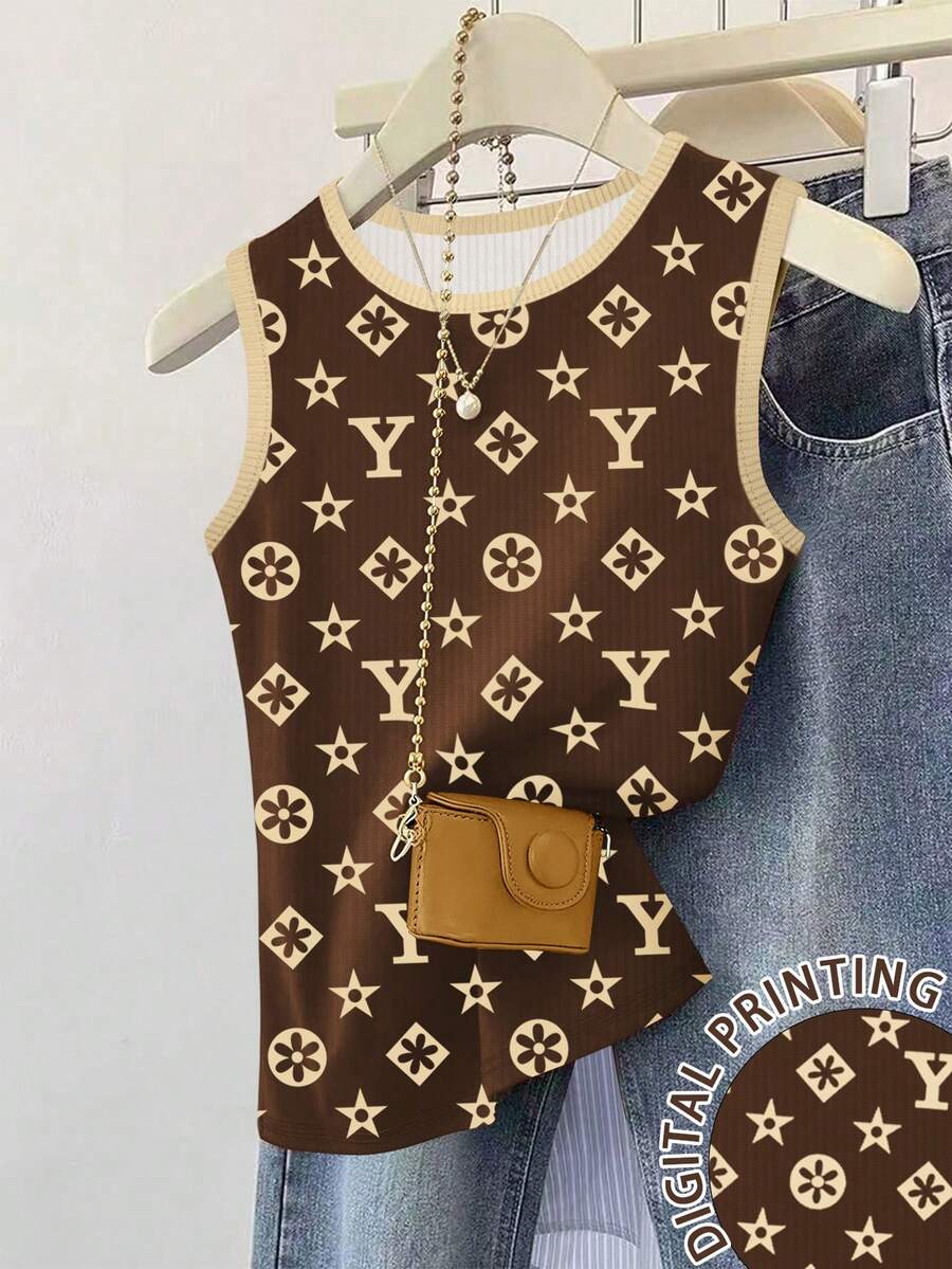 INAWLY Women's Letter Print Trim Round Neck Casual Loose Tank Top - Coffee Brown - View 1