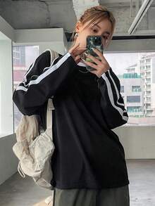 DAZY 女士圆领拼色条纹宽松长袖 T 恤，适合春夏季、秋季服装、返校服装学院风上衣 - 黑色 - 查看 4